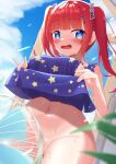  1girl alternate_costume apron azur_lane bangs blue_apron blue_eyes blue_sky blunt_bangs breasts cloud day electric_fan eyebrows_visible_through_hair fanning_crotch fanning_self highres humo large_breasts long_hair looking_at_viewer naked_apron navel no_panties open_mouth print_apron red_hair san_diego_(azur_lane) sideboob sky solo star_(symbol) star_print sweat twintails 