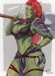  1girl armor artist_name axe border breasts character_name colored_skin cowboy_shot english_commentary eyebrows_visible_through_hair green_skin grey_background hand_on_hip holding holding_axe iahfy large_breasts long_hair looking_at_viewer muscular muscular_female navel orc patreon_username pointy_ears red_hair shoulder_armor shoulder_spikes skull solo spikes tattoo teeth tongue tusks twitter_username watermark white_border yellow_eyes zargala 