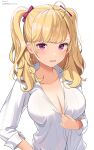  1girl blonde_hair blush breasts cleavage commentary_request ear_piercing hair_ribbon highres hirota_fruit large_breasts long_hair looking_at_viewer nijisanji open_mouth piercing purple_eyes purple_ribbon ribbon shirt simple_background sleeve_cuffs solo takamiya_rion twintails upper_body virtual_youtuber white_background white_shirt 