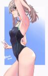  1girl black_swimsuit breasts brown_eyes character_request commentary_request commission competition_swimsuit copyright_request covered_navel cowboy_shot gradient gradient_background grey_hair highres holding holding_hair looking_at_viewer one-piece_swimsuit shure_(rainround) skeb_commission small_breasts solo swimsuit v 