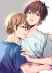  2boys ace_of_diamond back blue_shirt brown_eyes brown_hair couple glasses grey_background grey_shirt hug kitanti looking_at_viewer looking_back male_focus miyuki_kazuya multiple_boys open_mouth sawamura_eijun shirt short_hair sideburns simple_background smile upper_body yaoi 