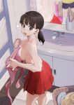  1boy 1girl bangs bare_shoulders bathroom blush breasts butt_crack cleavage collarbone doraemon eyebrows_visible_through_hair eyelashes faucet hair_tie highres holding holding_clothes holding_shirt indoors jun_(seojh1029) large_breasts long_sleeves looking_at_viewer minamoto_shizuka miniskirt mirror nobi_nobita open_mouth pink_shirt pleated_skirt red_skirt shirt shirt_removed short_hair short_twintails sink skirt swept_bangs toothbrush topless twintails upper_teeth 