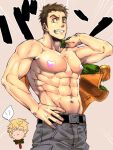  2boys abs bara bare_pectorals blonde_hair brown_hair chikichan earrings eugene_sevenstark grin gundam gundam_tekketsu_no_orphans hand_on_hip jewelry large_pectorals male_focus multiple_boys muscular muscular_male navel norba_shino pasties pectorals shirtless short_hair simple_background smile upper_body yellow_eyes 