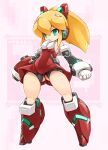  1girl blonde_hair breasts closed_mouth dress green_eyes headgear highres karukan_(monjya) long_hair looking_at_viewer mecha_musume mega_man_(classic) mega_man_(series) mega_man_x_(series) ponytail red_dress red_skirt roll_(mega_man) shorts skirt solo 