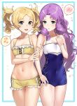  2girls alternate_costume bare_shoulders bikini blonde_hair blue_swimsuit breasts cleavage collarbone fire_emblem fire_emblem:_the_blazing_blade fire_emblem_awakening florina_(fire_emblem) green_eyes grey_eyes haru_(nakajou-28) highres lissa_(fire_emblem) long_hair multiple_girls one-piece_swimsuit open_mouth purple_hair short_hair small_breasts smile swimsuit twintails very_long_hair yellow_bikini yellow_swimsuit 