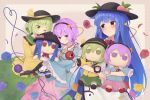  3girls blue_flower blue_hair blue_rose doll eyebrows_visible_through_hair floral_print flower food-themed_hair_ornament frilled_shirt_collar frills fumo_(doll) green_eyes green_hair hair_between_eyes hair_ornament hat hat_ribbon heart heart_of_string highres hinanawi_tenshi holding holding_doll kanpa_(campagne_9) komeiji_koishi komeiji_satori long_hair long_sleeves looking_back multiple_girls one_eye_closed peach_hair_ornament petals pink_hair puffy_short_sleeves puffy_sleeves purple_eyes red_eyes ribbon rose rose_petals rose_print short_hair short_sleeves siblings sisters smile spoken_blush third_eye touhou wide_sleeves yellow_flower yellow_rose 