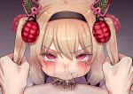  1boy 1girl artist_name bangs black_hairband blonde_hair blush crying cum cum_in_mouth deepthroat eyebrows_visible_through_hair fellatio fuutea0w0 glaring gradient gradient_background grenade_hair_ornament grey_background hair_between_eyes hair_pull hairband ikine_tomeru indie_virtual_youtuber irrumatio long_hair looking_at_viewer nose_blush oral pink_eyes pov pubic_hair scowl simple_background snot solo_focus streaming_tears tearing_up tears two_side_up upturned_eyes v-shaped_eyebrows virtual_youtuber 