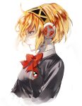  1girl aegis_(persona) blonde_hair blue_eyes bow bowtie cropped_torso from_side gekkoukan_high_school_uniform grey_jacket hairband headphones jacket lor_(roasyerizyonirapi) parted_lips persona persona_3 profile red_bow red_neckwear school_uniform shiny shiny_hair short_hair simple_background solo upper_body white_background 