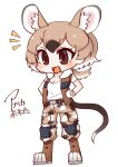  1girl 370ml animal_ear_fluff animal_ears bare_arms belt black_hair boots breasts brown_eyes brown_hair camouflage camouflage_pants chibi cleavage extra_ears eyebrows_visible_through_hair fingerless_gloves full_body gambian_pouched_rat_(kemono_friends) gloves hands_on_hips highres kemono_friends knee_pads light_brown_hair long_hair low_ponytail mouse_ears mouse_girl mouse_tail multicolored_hair open_clothes open_mouth open_vest pants ponytail print_pants shirt short_sleeves simple_background smile solo standing tail v-shaped_eyebrows vest white_background white_hair 
