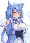  1girl :3 absurdres ahoge animal_ears blue_hair breasts cat_ears cat_girl cat_tail cleavage cleavage_cutout closed_mouth clothing_cutout deaver hair_ornament hairclip highres hololive large_breasts long_hair looking_at_viewer low_twintails smile solo tail twintails virtual_youtuber yellow_eyes yukihana_lamy 