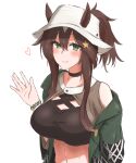  1girl absurdres animal_ears arknights black_choker breasts brown_hair choker coat crop_top ears_through_headwear green_coat green_eyes hair_ornament heart highres long_hair long_sleeves looking_at_viewer maiq06 medium_breasts meteor_(arknights) meteor_(bard&#039;s_holiday)_(arknights) midriff navel official_alternate_costume open_clothes open_coat simple_background smile solo star_(symbol) star_hair_ornament stomach upper_body waving white_background white_headwear wristband 