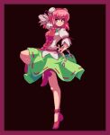  1girl bandaged_arm bandages bangs black_background bun_cover chinese_clothes closed_mouth cuffs double_bun eyebrows_visible_through_hair flower full_body green_skirt high_heels ibaraki_kasen leaf looking_at_viewer pink_background pink_flower pink_hair pink_rose pixel_art potemki11 puffy_short_sleeves puffy_sleeves red_eyes ribbon-trimmed_skirt ribbon_trim rose shackles shirt short_hair short_sleeves simple_background skirt smile solo standing standing_on_one_leg tabard touhou white_shirt 