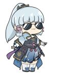  &gt;:) 1girl :3 arm_guards armor armored_dress bangs black_gloves blunt_bangs bow chest_armor chibi commentary_request eyebrows_visible_through_hair fingerless_gloves full_body genshin_impact gloves hair_bow hair_ornament hair_ribbon hair_tubes japanese_clothes kamisato_ayaka long_hair looking_at_viewer nyaru_(nyaru_4126) outstretched_arms ponytail ribbon sidelocks silver_hair simple_background solo spread_arms standing sunglasses tress_ribbon v-shaped_eyebrows white_background white_legwear 
