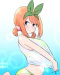  1girl bangs bare_arms bare_shoulders barefoot bikini blue_eyes blush closed_mouth eyebrows_behind_hair go-toubun_no_hanayome green_bikini green_ribbon hair_between_eyes hair_ribbon highres kujou_karasuma low_twintails nakano_yotsuba orange_hair ribbon shirt short_twintails signature sleeveless sleeveless_shirt smile solo sparkle swimsuit twintails white_shirt 