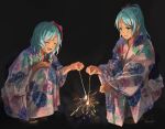  2girls :d ^_^ bang_dream! blue_hair blush bow braid brown_footwear closed_eyes commentary_request fireworks floral_print green_bow green_eyes gurifu hair_bow highres hikawa_hina hikawa_sayo holding japanese_clothes kimono long_hair long_sleeves mask mask_on_head multiple_girls open_mouth ponytail print_kimono senkou_hanabi siblings signature sisters sleeves_past_wrists smile sparkler squatting twin_braids twins white_kimono wide_sleeves yukata zouri 