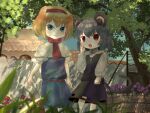  2girls absurdres alice_margatroid animal_ears bangs blonde_hair blue_dress blue_eyes capelet closed_mouth commentary cookie_(touhou) dappled_sunlight day dress ekaapetto eyebrows_visible_through_hair feet_out_of_frame finger_to_cheek flower frilled_hairband frills grey_hair grey_skirt grey_vest hairband highres ichigo_(cookie) jewelry long_sleeves looking_at_viewer mouse_ears mouse_girl mouse_tail multiple_girls nazrin neckerchief necklace nyon_(cookie) open_mouth outdoors purple_flower red_eyes red_flower red_hairband red_neckwear red_sash sash shirt short_hair skirt skirt_set smile socks sunlight tail touhou tree vest wall white_capelet white_legwear white_shirt 