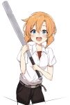  1girl bangs baseball_bat belt black_legwear black_pants blue_eyes blush collared_shirt commentary_request cosplay hair_between_eyes highres higurashi_no_naku_koro_ni holding holding_baseball_bat maebara_keiichi maebara_keiichi_(cosplay) open_mouth orange_hair pants red_shirt ryuuguu_rena shirt short_hair shosudo simple_background solo white_background white_shirt 