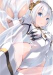  1girl ar_tonelico ar_tonelico_i ass blue_eyes braid breasts closed_mouth gloves hair_ornament highres leotard long_hair looking_at_viewer p_answer shurelia simple_background solo thighhighs twin_braids very_long_hair white_background white_hair white_legwear 