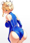  1girl ahoge artoria_pendragon_(fate) artoria_pendragon_(lancer)_(fate) ass bare_shoulders bent_over blonde_hair blue_leotard blush braid breasts crown detached_sleeves dripping ear_blush elbow_gloves fate/grand_order fate_(series) gloves green_eyes hair_between_eyes hands_on_hips highres large_breasts leaning_forward leotard looking_at_viewer looking_back parted_lips simple_background skin_tight skindentation solar_(happymonk) solo sweat sweatdrop thick_thighs thighs tiara turning_head wet white_background 
