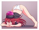  1girl aospanking bangs bare_shoulders barefoot black_headwear black_shirt black_sleeves blush border brown_background chain eyebrows_visible_through_hair eyes_visible_through_hair hair_between_eyes hecatia_lapislazuli jack-o&#039;_challenge long_hair looking_away off_shoulder open_mouth panties pink_eyes pink_headwear polos_crown red_hair shadow shirt short_sleeves simple_background solo standing t-shirt touhou underwear white_border white_panties 