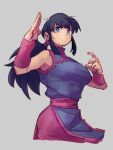  1girl black_hair blue_dress blue_eyes breasts chi-chi_(dragon_ball) china_dress chinese_clothes closed_mouth dragon_ball dragon_ball_(classic) dress fighting_stance grey_background kemachiku long_hair medium_breasts simple_background solo 