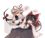  ... 2girls apple_da-ze ascot blonde_hair blue_neckwear brown_eyes brown_hair closed_eyes detached_sleeves eating eyebrows_visible_through_hair gap_(touhou) hair_between_eyes hair_ribbon hair_tubes hakurei_reimu hat hat_ribbon highres kotatsu long_hair long_sleeves mob_cap multiple_girls musical_note nontraditional_miko open_mouth ribbon ribbon-trimmed_sleeves ribbon_trim senbei spoken_musical_note tabard table touhou wide_sleeves yakumo_yukari 