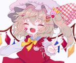  1girl :d alternate_neckwear bandaid blonde_hair blurry blush bow bowtie closed_mouth crystal depth_of_field fangs flandre_scarlet happy hat highres mob_cap one_side_up open_mouth plaid plaid_bow red_vest renakobonb short_hair simple_background smile solo touhou upper_body v vest white_background white_headwear wings yellow_neckwear 