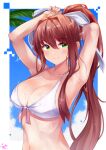  1girl armpits arms_up bare_arms bare_shoulders bikini bow breasts brown_hair cleavage collarbone doki_doki_literature_club front-tie_bikini front-tie_top green_eyes hair_bow hair_intakes irohara large_breasts long_hair looking_at_viewer monika_(doki_doki_literature_club) navel ponytail sidelocks smile solo stomach swimsuit upper_body very_long_hair wet white_bikini 