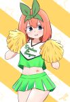  1girl :d bangs bare_shoulders blue_eyes blush clothes_writing copyright_name crop_top diagonal_stripes eyebrows_behind_hair go-toubun_no_hanayome green_ribbon green_skirt hair_between_eyes hands_up highres kujou_karasuma looking_at_viewer midriff nakano_yotsuba navel open_mouth orange_hair pleated_skirt pom_pom_(cheerleading) ribbon romaji_text shirt skirt sleeveless sleeveless_shirt smile solo starry_background striped striped_background white_shirt 