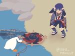  1000_feuille 1boy bangs bird blue_hair genshin_impact goose goose_(untitled_goose_game) hat hat_theft highres minimalism purple_hair riverbank scaramouche_(genshin_impact) short_sleeves shorts theft untitled_goose_game water 