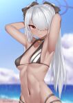  1girl armpits arms_behind_head bikini black_bikini blue_archive blue_sky breasts choker cloud dark-skinned_female dark_skin hair_over_one_eye halo highres iori_(blue_archive) looking_at_viewer navel outdoors red_eyes silver_hair sky solo swimsuit twintails yonkuron 