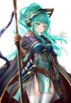  1girl absurdres alternate_costume alternate_hairstyle aqua_dress aqua_eyes aqua_hair armor armored_dress bangs belt blush breastplate brown_belt brown_gloves cape clear_glass_(mildmild1311) closed_mouth commentary_request cosplay dress eirika_(fire_emblem) ephraim_(fire_emblem) ephraim_(fire_emblem)_(cosplay) fire_emblem fire_emblem:_the_sacred_stones fire_emblem_heroes floating_hair gauntlets gloves hair_ornament high_ponytail highres holding holding_polearm holding_spear holding_weapon long_hair looking_at_viewer official_alternate_costume pelvic_curtain polearm ponytail sidelocks signature simple_background smile solo spear thighhighs twitter_username upper_body weapon white_background white_legwear zettai_ryouiki 