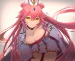  1girl animal_ear_fluff animal_ears bangs blush breasts buttons cleavage coat detached_collar double-breasted double_bun dress fate/grand_order fate_(series) fox_tail garter_straps gloves hair_between_eyes hat koyanskaya_(fate) large_breasts long_hair long_sleeves looking_at_viewer open_clothes open_coat pink_gloves pink_hair rabbit_ears short_dress sidelocks tail tamamo_(fate) tenshin_kagehisa thighhighs thighs very_long_hair white_coat white_dress white_headwear white_legwear wide_sleeves yellow_eyes 
