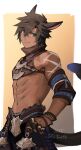  1boy abs abstract_background animal_ears arm_tattoo armor avatar_(ffxiv) bangs bare_shoulders black_tail blue_hair blue_tail brown_collar brown_fur brown_hair brown_sleeves brown_tail cat_boy cat_tail chest_armor closed_mouth collar colored_inner_hair commentary cowboy_shot dark-skinned_male dark_skin dated detached_sleeves eyebrows eyebrows_behind_hair final_fantasy final_fantasy_xiv finger_cots fur-trimmed_armor fur_trim gradient gradient_background green_eyes hair_between_eyes hand_on_hip high_collar looking_to_the_side making-of_available male_focus medieval medium_hair messy_hair midriff miqo&#039;te mn_(zig_r14) multicolored_hair multicolored_tail navel plate_armor scar scar_on_cheek scar_on_face scar_on_nose shiny shiny_hair sidelocks sideways_glance simple_background smile solo split_mouth standing tail tattoo toned toned_male tribal tribal_tattoo tsurime twitter_username two-tone_hair white_background wristband yellow_background 