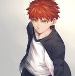  1boy bangs coat curly_hair emiya_shirou fate/stay_night fate_(series) herigaru_(fvgyvr000) highres red_eyes red_hair shirt simple_background solo upper_body walking white_background white_shirt 