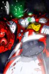  axe cape damaged getter-1 getter_robo getter_robo_(1st_series) highres kuman_bachi mecha no_humans open_hand red_cape science_fiction solo super_robot torn_cape torn_clothes 