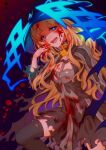  1girl bangs blonde_hair blood blood_on_clothes blood_on_face blood_splatter blue_eyes blunt_bangs boots choker detached_sleeves dress glowing glowing_eyes happy hood junyakun0405 laughing long_hair looking_at_viewer open_mouth possessed red_riding_hood_(sinoalice) sinoalice solo thigh_boots thighhighs yandere 
