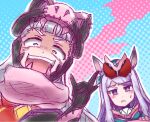  2girls \m/ animal_ears animal_hood cosplay crazy_smile gold_ship_(umamusume) hood horse_ears kamen_rider_revi kamen_rider_revi_(cosplay) kamen_rider_revice kamen_rider_vice kamen_rider_vice_(cosplay) long_hair mejiro_mcqueen_(umamusume) multiple_girls purple_eyes purple_hair rider-tan scarf silver_hair sweatdrop takezuchi umamusume 