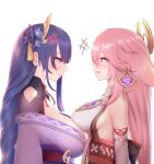  2girls anger_vein bare_shoulders breasts from_side genshin_impact hair_ornament japanese_clothes kimono large_breasts miko mole mole_under_eye multiple_girls nikuku_(kazedesune) pink_hair purple_eyes purple_hair raiden_shogun sideboob simple_background smile upper_body white_background yae_(genshin_impact) 