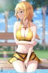  1girl absurdres bench bikini blonde_hair blue_sky blurry breasts charlotte_dunois cleavage cloud cowboy_shot day depth_of_field highres infinite_stratos large_breasts long_hair looking_to_the_side low_ponytail outdoors purple_eyes sitting sky soaking_feet solo swimsuit tenpa_(tenpa2190) tree water yellow_bikini 