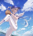  1girl absurdres amane_kanata baseball_cap baseball_mitt baseball_uniform blue_sky blush cloud copyright_name day earrings feathered_wings feet_out_of_frame hat highres hololive hyunwoo jewelry leg_up long_hair multicolored_hair outdoors pants parted_lips ponytail purple_eyes purple_hair purple_headwear shirt short_sleeves silver_hair sky solo sportswear standing standing_on_one_leg two-tone_hair very_long_hair virtual_youtuber white_pants white_shirt white_wings wings 