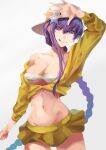  bangs bare_legs bare_shoulders bb_(fate) bb_(swimsuit_mooncancer)_(fate) braid braided_ponytail breasts coat collarbone eyebrows_behind_hair eyebrows_visible_through_hair fate/grand_order fate_(series) hat herigaru_(fvgyvr000) highres large_breasts long_hair peaked_cap purple_eyes purple_hair simple_background skirt smile stomach swimsuit tongue tongue_out white_background 