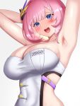  1girl 1nilla&#039; armpits arms_behind_head asymmetrical_clothes bangs blue_eyes blush breasts bustier elysia_(honkai_impact) eyebrows_visible_through_hair hair_ornament heart heart-shaped_pupils highres honkai_(series) honkai_impact_3rd large_breasts looking_at_viewer open_mouth pink_hair revealing_clothes simple_background smile solo strapless sweat symbol-shaped_pupils tube_top upper_body white_background 