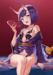  1girl absurdres bangs bare_shoulders bob_cut breasts collarbone cup eyeliner fate/grand_order fate_(series) gyuu highres horns japanese_clothes kimono long_sleeves looking_at_viewer makeup obi off_shoulder oni oni_horns open_mouth purple_eyes purple_hair purple_kimono revealing_clothes sakazuki sash short_hair short_kimono shuten_douji_(fate) sitting skin-covered_horns small_breasts smile solo wide_sleeves 