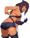  1girl black_legwear black_shorts braid braided_ponytail breasts commentary_request dark-skinned_female dark_skin fang from_behind gatling033 highres jahy jahy-sama_wa_kujikenai! large_breasts long_hair looking_at_viewer looking_back open_mouth pointy_ears shorts simple_background solo thighhighs white_background yellow_eyes 