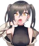 1girl absurdres artist_request bangs bare_shoulders black_hair breasts brown_jacket crossed_bangs earrings eyebrows_visible_through_hair eyes_visible_through_hair hair_between_eyes highres idolmaster idolmaster_cinderella_girls jacket jewelry large_breasts long_hair mole mole_under_eye mouth_pull off_shoulder open_mouth oral_invitation ribbed_sweater sharp_teeth simple_background solo sunazuka_akira sweater teeth tongue tongue_out turtleneck twintails upper_body white_background yellow_eyes 