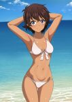  1girl armpits arms_behind_head artist_name bikini blue_eyes blush breasts brown_hair cleavage closed_mouth eyebrows_visible_through_hair girls_und_panzer inoshira looking_at_viewer medium_breasts navel ocean outdoors shiny shiny_hair shiny_skin short_hair sky smile solo standing suzuki_(girls_und_panzer) swimsuit white_bikini 