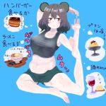  1girl alcohol alternate_costume animal_ears bangs black_eyes blue_background blush breasts burger cheese closed_mouth commentary_request cookie_(touhou) crop_top cup drinking_glass food full_body green_shorts grey_hair grey_shirt large_breasts mouse_ears nazrin noodles nyon_(cookie) psychic_parrot pudding ramen shirt short_hair shorts simple_background sleeveless sleeveless_shirt soles solo stretch thought_bubble touhou toy_car translation_request weight_conscious wine wine_glass yoga 