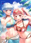  2girls absurdres alternate_costume arm_around_waist artist_name bangs battery_indicator beach bikini blue_bikini blue_hair blue_nails blue_swimsuit blunt_bangs breasts cleavage cloud commentary_request cowboy_shot day eyebrows_visible_through_hair eyewear_on_head fire_emblem fire_emblem:_three_houses fire_emblem_heroes frilled_bikini frills hair_bun highres hilda_valentine_goneril large_breasts long_hair looking_at_viewer marianne_von_edmund multiple_girls nail_polish navel official_alternate_costume open_mouth outdoors parupome pink_bikini pink_hair pink_swimsuit recording red_nails sarong sunglasses swimsuit teeth tongue twintails twitter_username v viewfinder water watermark 