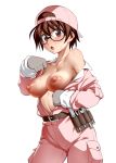  1girl :o bare_shoulders belt breasts brown_belt brown_eyes brown_hair commentary_request copyright_request eyebrows_visible_through_hair funnyari glasses gloves grey_gloves hat highres large_breasts long_sleeves looking_at_viewer nipples open_mouth pink_headwear short_hair simple_background solo sweat white_background 